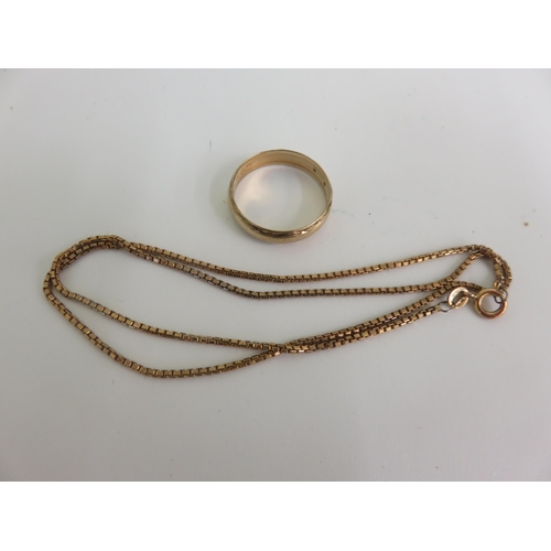 126 - 9ct. Gold Wedding Band and Thin 9ct. Gold Chain, 7 grams