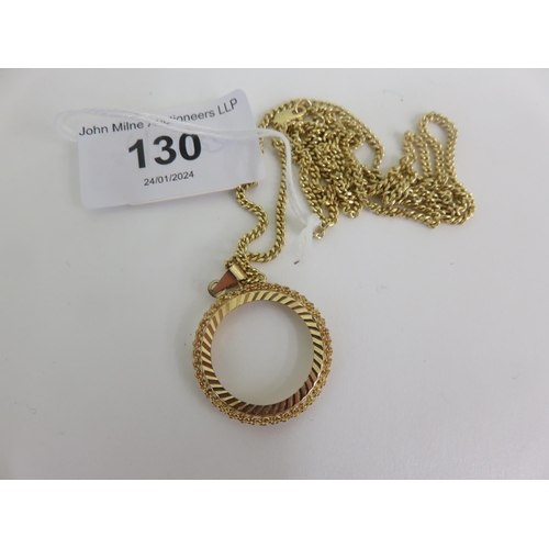 130 - 9ct. Gold Circle Coin mount on 9ct. Gold Chain, 12.1 grams