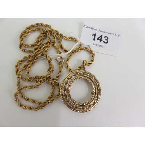 143 - 9ct. Gold Pendant/Mount 6.6 grams on 18ct. Gold Chain 17.3 grams