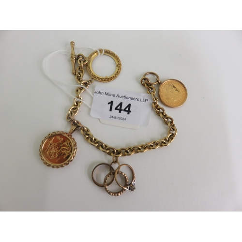 144 - 9ct. Gold T Bar Chain containing two Half Sovereigns 21 grams