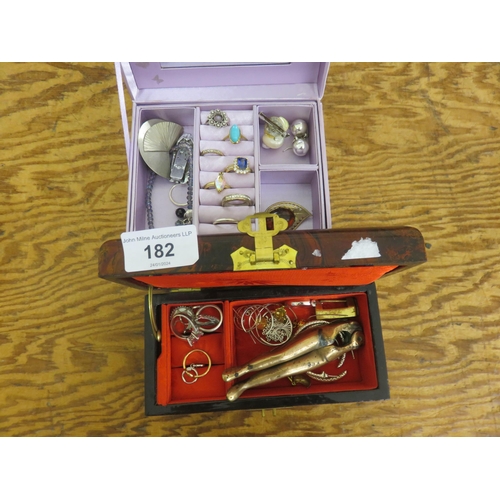 182 - Pink Box with Rings and Costume Jewellery and Chinese Box with jewellery