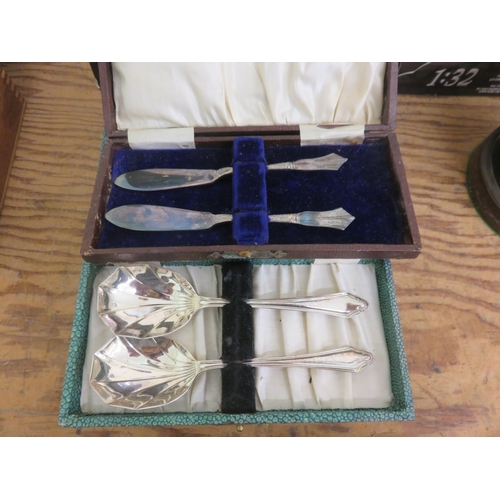 186 - Four fitted old (one Shagreen) Cutlery boxes, grapefruit spoons etc.