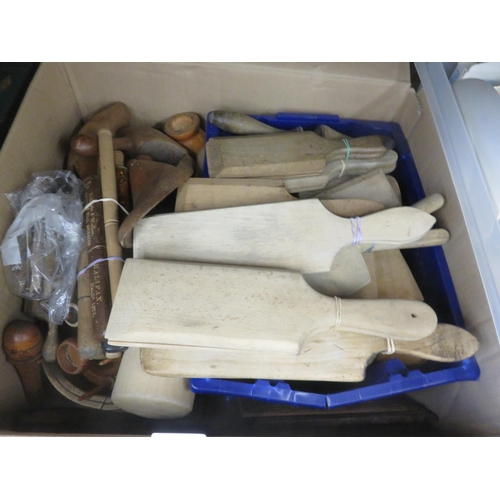 265 - Large lot of Vintage Wood items, Butter Pats, Shoe Lasts, Knitting Wool, Spinning Materials etc.