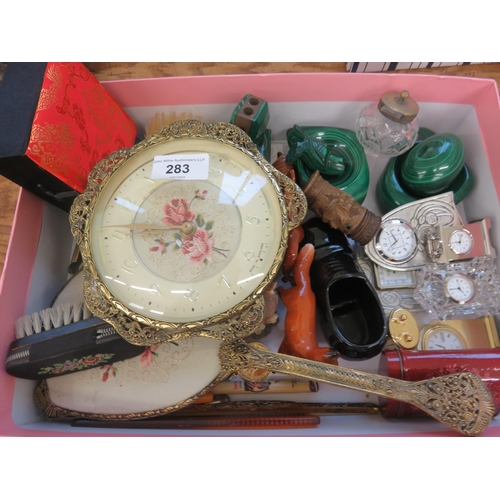 283 - Tray with Dressing Table Appointments, Clocks, Onyx, Pen etc.