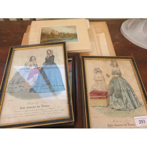 293 - Vintage Folio of Prints, three small framed prints and collection of Scottish Castle Cards