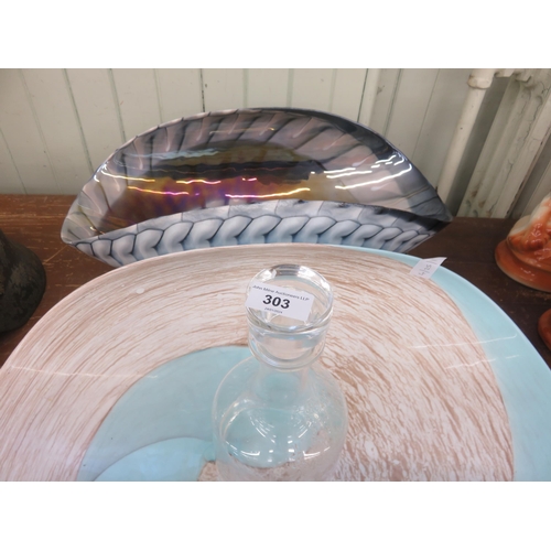 303 - Two large Modern coloured Glass bowls and a Decanter