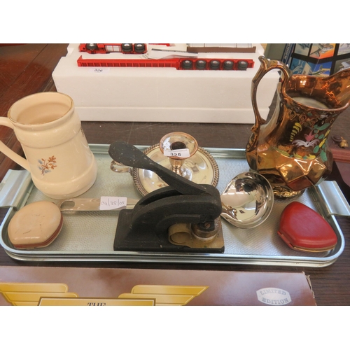 325 - Tray Containing Desk Punch, Jug, Cup, Plated Ware and Clocks