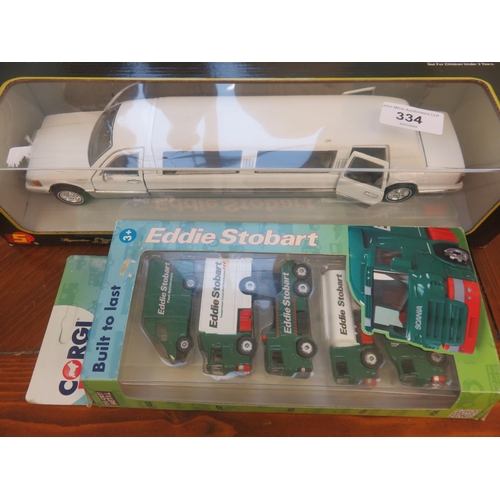 334 - Five Miniature Eddie Stobart Trucks and Boxed Lincoln Limousine 1996