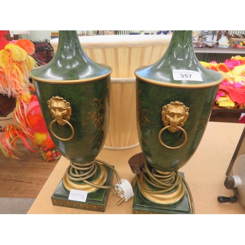 357 - Pair of Highly Decorative Green and Gold Table Lamps complete with shades