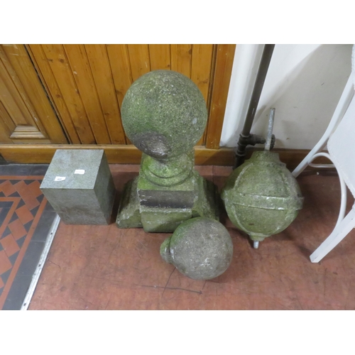 420 - Small Lot of Garden Concrete Sphere's and stand and square granite block