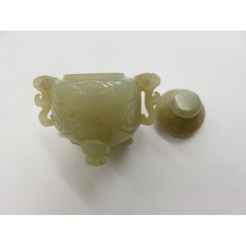 68 - Chinese Carved White Hardstone/Jade Pot decorated with Tao Tie and Dragon Pattern