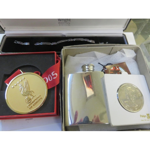 111 - Liverpool F.C. Pen and Medal, Hip Flask, Modern Crowns etc