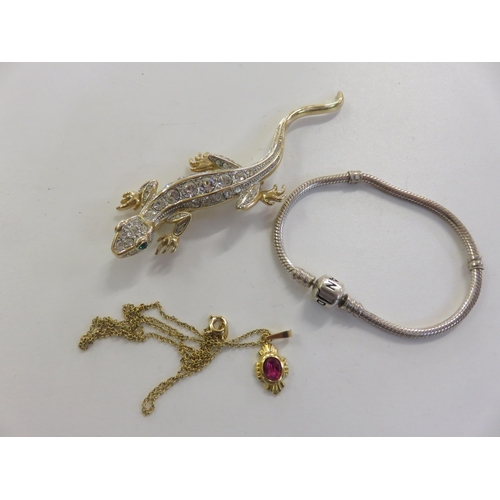 140 - Lizard Brooch/Gilt and Pink and Stone Pendant and Pandora Bracelet