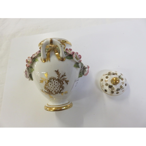 210 - Early 19th Century Crown Derby Pot Pourri. Flower encrusted, gold gilt rimmed. Circa 1820