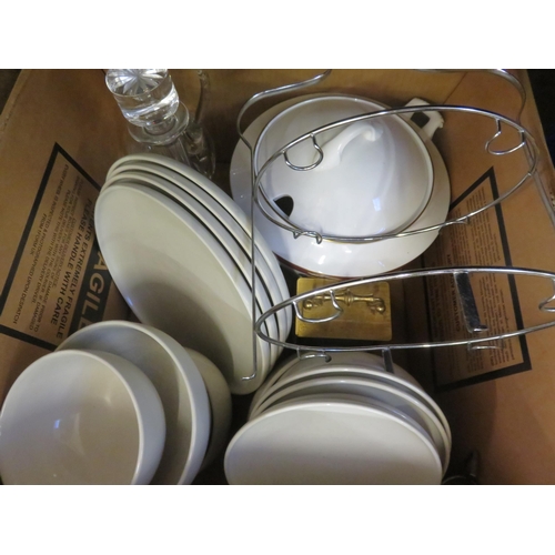 367 - Box Lot - Dinnerware, Decanters, Clock etc