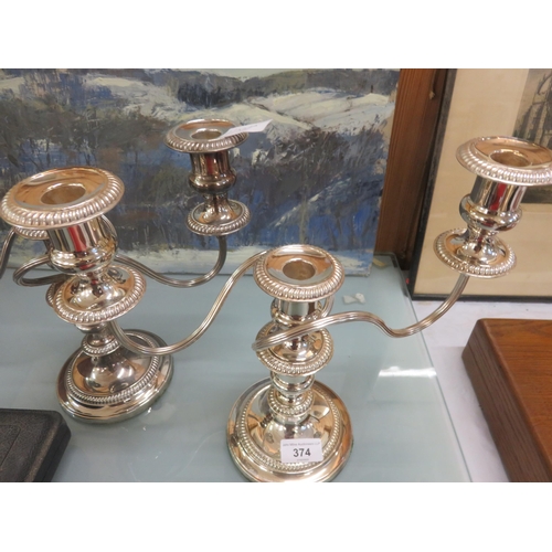 374 - Pair of Plated three Branch Candelabra