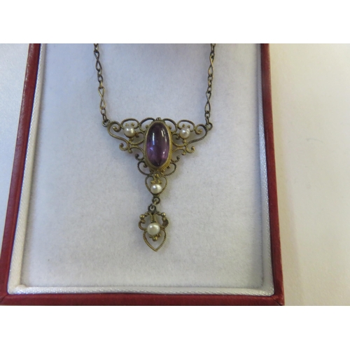 72 - Antique 14k Gold Amethyst Pearl Pendant Necklace