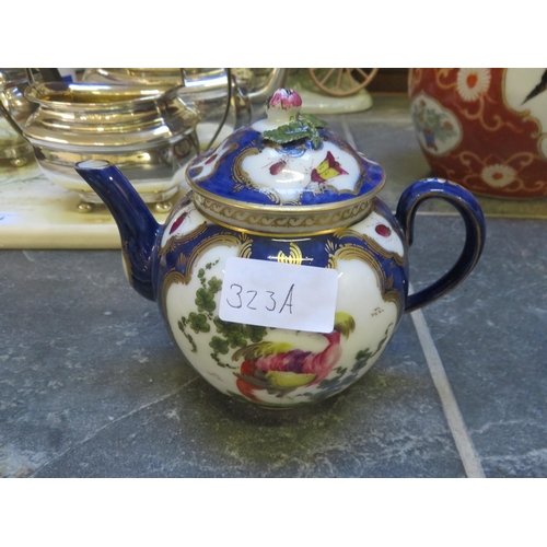 323A - First Period Worcester James Gilles Pattern Teapot. Hand Painted Cartouches and Blue Fretted Square ... 