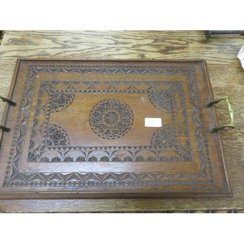 411A - Wooden Carved Tray with brass handles