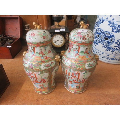 184 - Pair of Canton Famille Rose Two Handles Vases and Covers