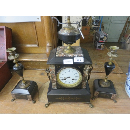 185 - Granite Inlaid Clock with Garniture