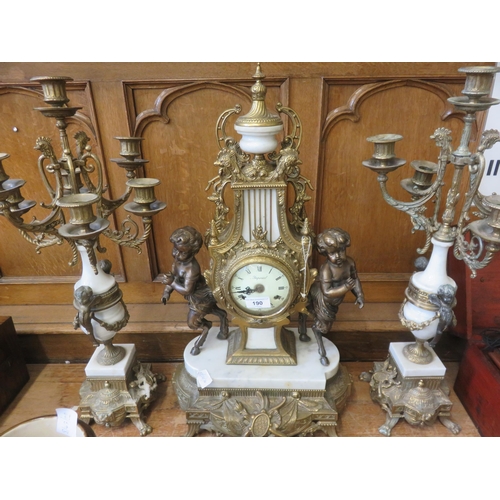 190 - Brass and Marble French Style Clock and Garniture Set