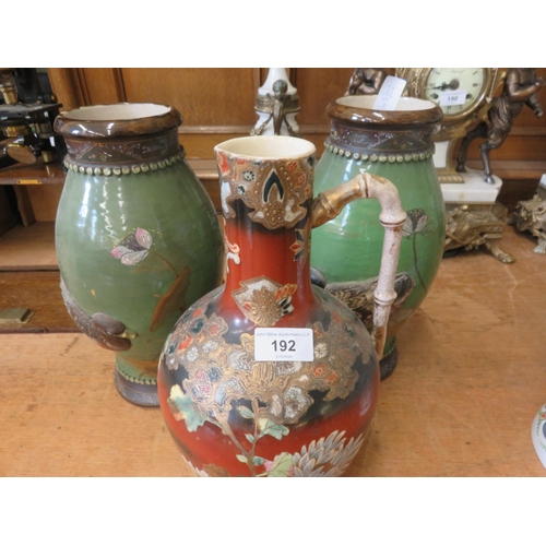 192 - Pair of Oriental Vases on Green Ground and An Oriental Jug