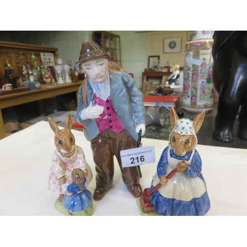 216 - Two Beatrix Potter Rabbits - Doulton and One Coalport Figure - Man With Rucksack