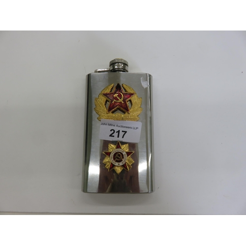 217 - Soviet Armed Forces Flask with Three Badges. Stainless Steel 6oz