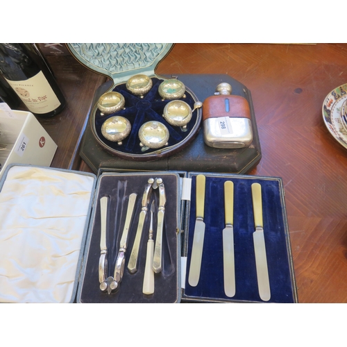 298 - Mixed Lot - Plated Salts, Cutlery Hip Flask