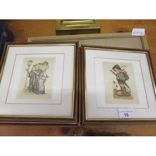 16 - Six Small Framed Hummel Prints and Framed Oil Painting