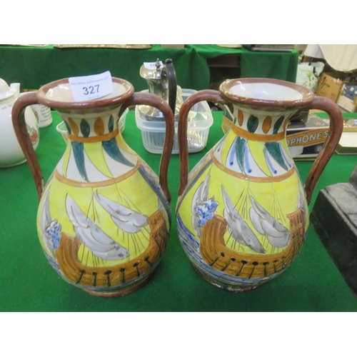 Pair of Italian Majolica Type Two Handle Vases with Classical Design