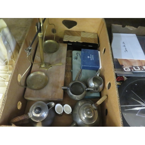 412 - Box of bric-a-brac, scales, pewter music box etc.