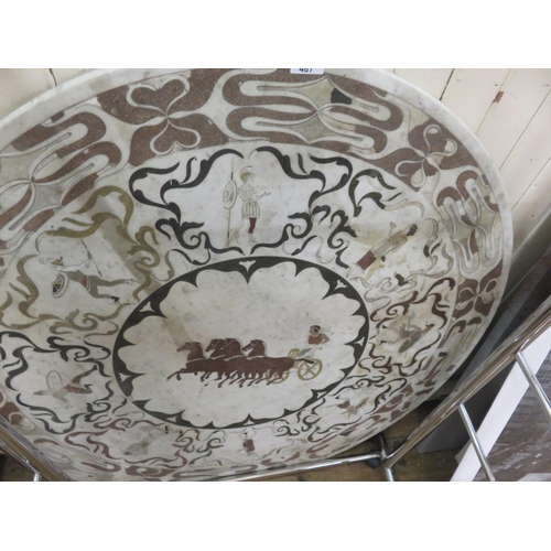 487 - European Tour Type Marble Circular Table Top with Granite Inlay