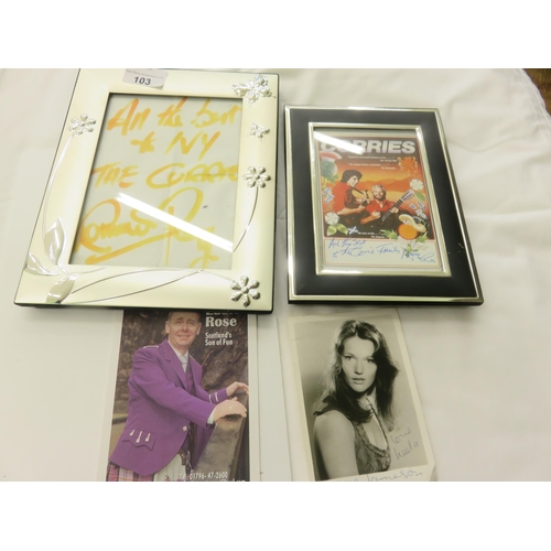 103 - Three signed Pictures and Photo Frame. The Corries, Eddie Rose, Louise Jamieson, Kenneth Walker