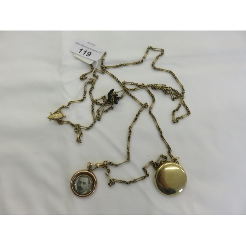 119 - Victorian 15ct Gold Guard Chain with Two Gilt Metal Lockets, Two Others - Total Weight 62.8gms