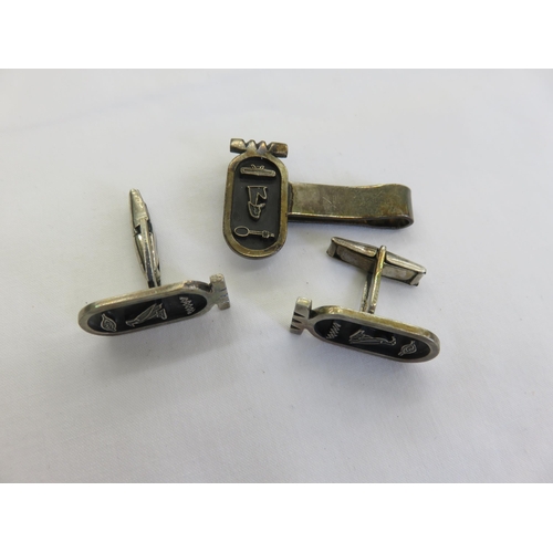 130 - Egyptian Silver Tie Pin and Matching Cufflinks