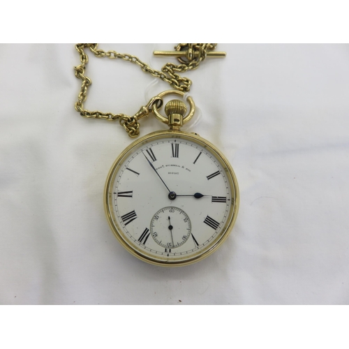 134 - 18ct Gold Cased Open Face Pocket Watch, Thomas Russell &amp; Son With An 18ct Gold Albert Watch Chai...
