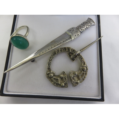 138 - Ortak Silver Kilt Pin, Green Stone Ring and Celtic Brooch