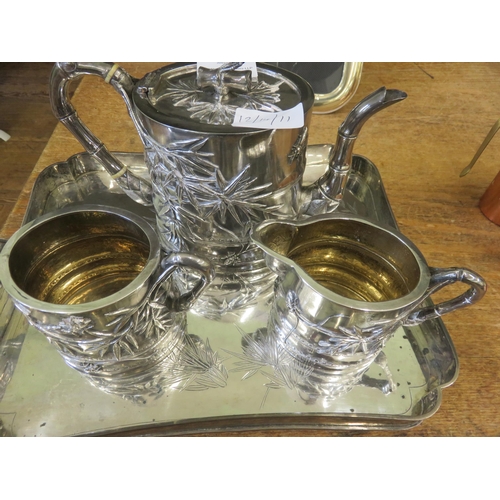 3 piece Chinese Export Silver Tea Service and similar tray. Wang Hing 90 Backstamp to Service. Total Weight of Service and Tray 57.5 Troy Ounces/ 1788.4 Grams.