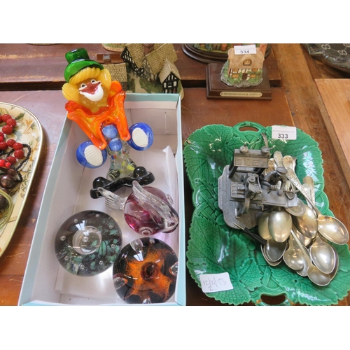 333 - Paperweights, Glass Clown, Cutlery and Figure