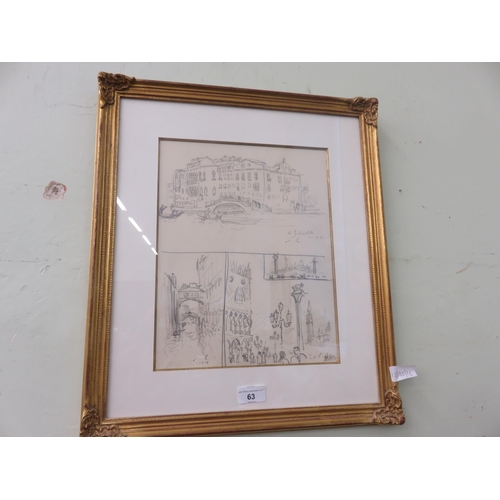 63 - Three Framed Pencil Drawings of Venice - Monogramed C.L.