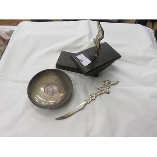 84 - Silver Coin Pin Dish, Stamp Block and Letter Opener