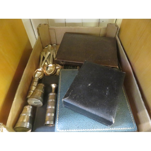 194 - Box with Boxed Plated Cutlery and loose Teaspoons and Danish Candlesticks