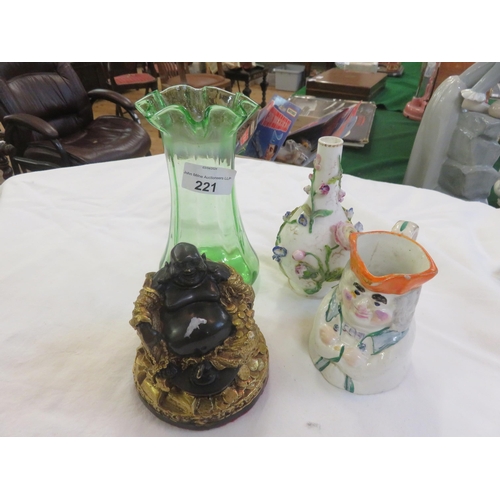 221 - Small Toby Jug, Small Ceramic Vase With Flowers, Green Glass Vase and Buddha Figure