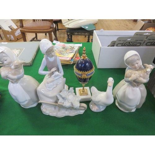 255 - Four Nao Figures, Swan - Three Girls with Lambs And Egg On Stand