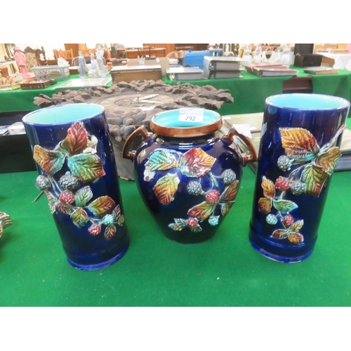 292 - Set of Three Italian Majolica Type Pair of Vases and Single Two Handled Vase