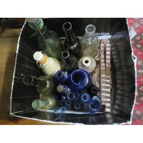 303 - Box with 20 bottles of Ginger Beer, Blue Poison Bottles, Beer and Utility Bottles