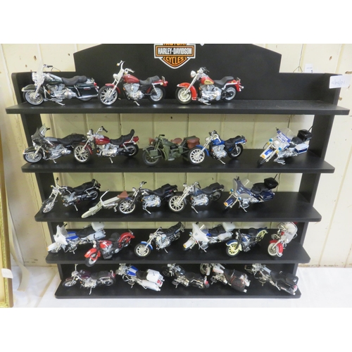 345 - Harley Davidson Wall shelf with various Harley Davidson Motorbikes