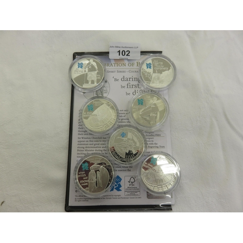 102 - Seven Royal Mint 925 Silver Proof £5 Coins 28.28gms. 